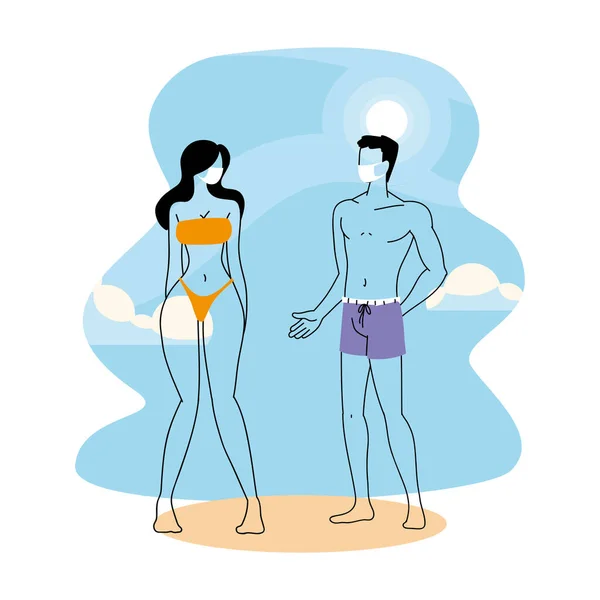 Couple with mask and swimsuit on summer vacation — Stock Vector