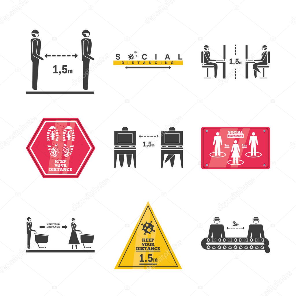 set of icons social distancing, risk of infection coronavirus or covid 19