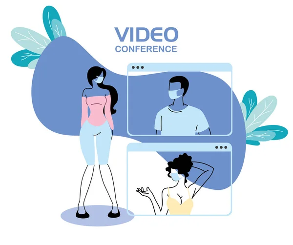 Orang-orang dengan topeng dalam konferensi video - Stok Vektor