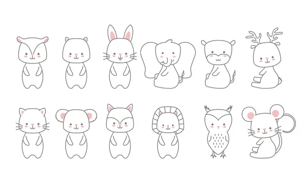 Ensemble d'icônes animaux bébé kawaii sur fond blanc — Image vectorielle