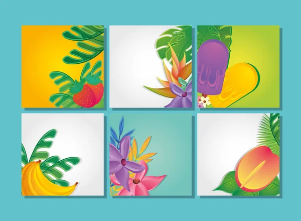 Conjunto de modelos de verão com flores, frutas e símbolos de verão — Vetor de Stock