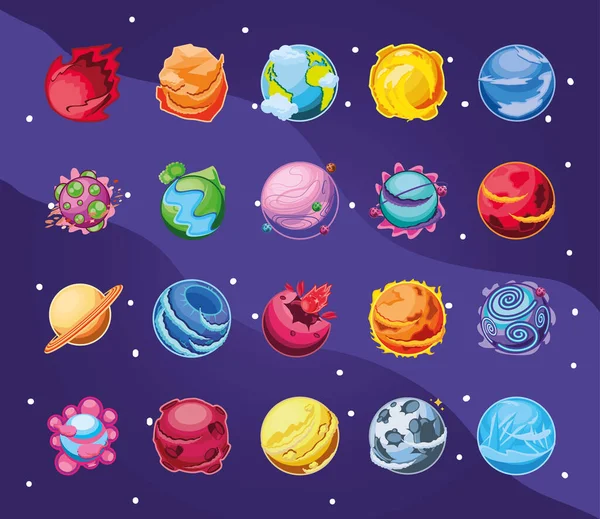 Fantásticos planetas conjunto de ícones — Vetor de Stock