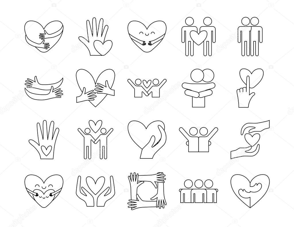 Hug and love line style icon set vector design
