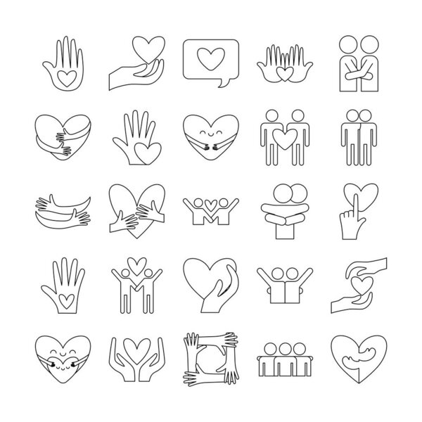 Hug and love line style icon set vector design