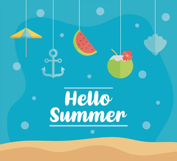 Hello Summer с красочными пляжными элементами — стоковый вектор