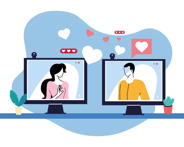 Couple in love communicate by electronic devices — Stock Vector