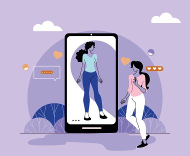 Karantina zamanında akıllı telefon ekranında aşık çift