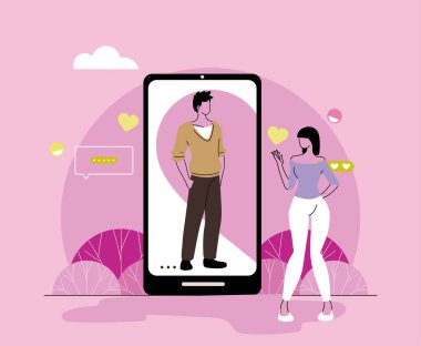 Karantina zamanında akıllı telefon ekranında aşık çift