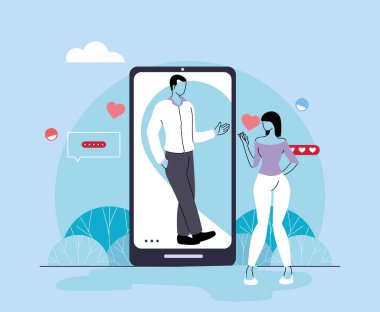 Karantina zamanında akıllı telefon ekranında aşık çift