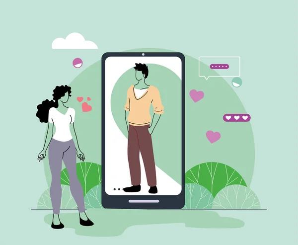 Couple amoureux communiquer par des appareils électroniques — Image vectorielle