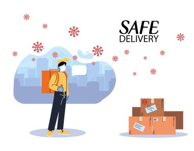 Şehirde güvenli paketler taşıyan evcil bir adam.