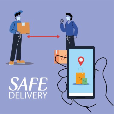 Maskeli adamlar teslimat ve güvenli paket alıyorlar.