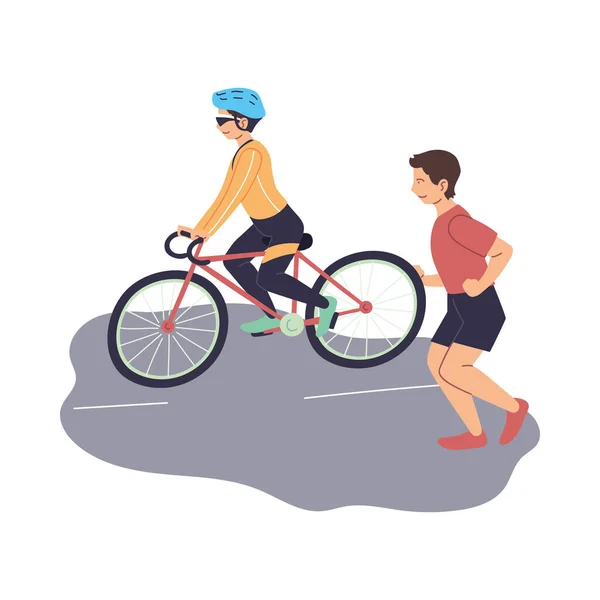 Hommes à vélo et courir à la conception vectorielle de rue — Image vectorielle
