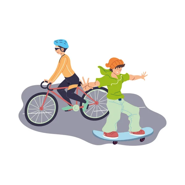 Men riding bike and on skateboard at street vector design