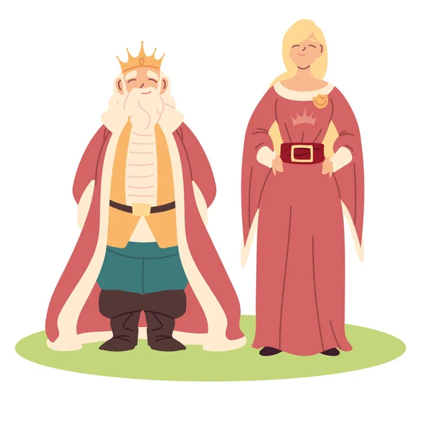 Princesa medieval con vestido rojo y diseño de vectores de rey — Vector de stock
