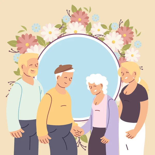Γιαγιά παππούς κόρη και γιος με λουλούδια διάνυσμα σχεδιασμό — Διανυσματικό Αρχείο