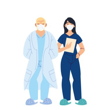 Tıbbi maskeli kadın ve erkek doktorlar vektör tasarımı
