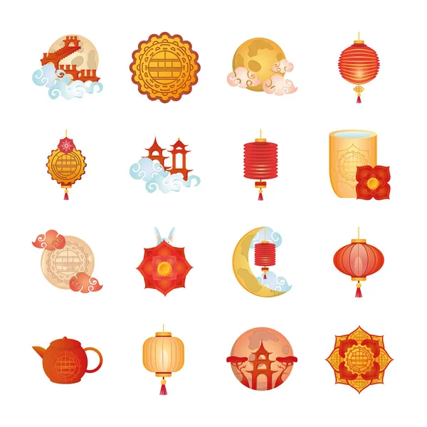 Sada ikon uprostřed podzimního festivalu nebo čínského lunárního festivalu — Stockový vektor