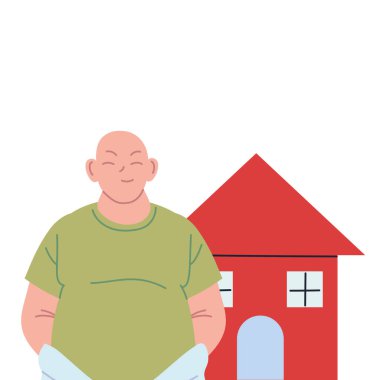 Ev vektör tasarımının önünde Asyalı adam karikatürü