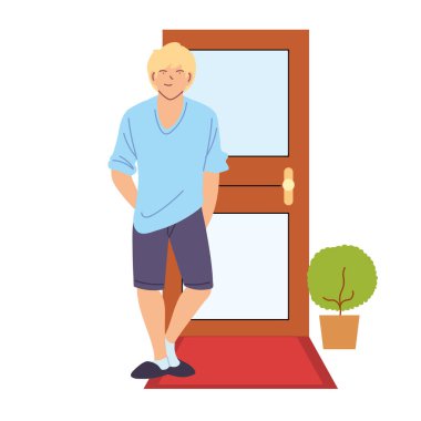 Sarı saçlı adam çizgi filmi. Kapı vektör tasarımının önünde.