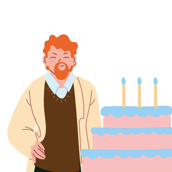 Czerwony włosy człowiek kreskówka z szczęśliwy urodziny tort wektor projekt — Wektor stockowy