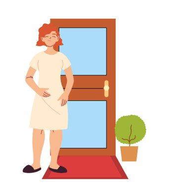 Kızıl saçlı kadın çizgi filmi. Kapı vektör tasarımının önünde.