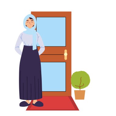 Kapı vektör tasarımının önündeki Arap kadın çizgi filmi