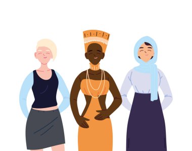 Kültürel çeşitlilik vektör tasarımının üç kadın karikatürü