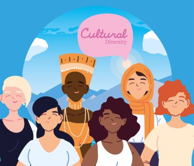 Kültürel çeşitlilik vektör tasarımı manzarasının önündeki kadın çizgi filmleri