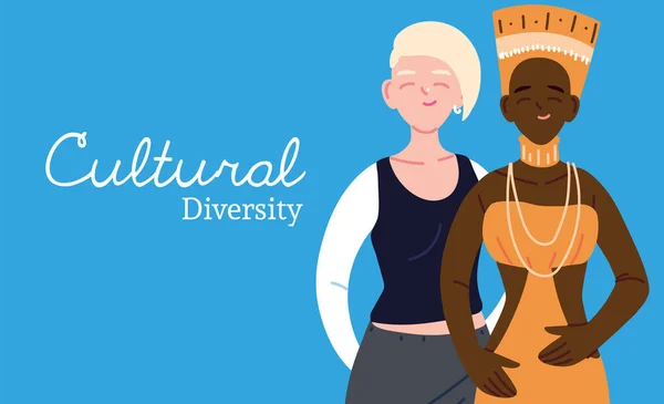 Африканские и европейские женские карикатуры на векторный дизайн культурного разнообразия — стоковый вектор