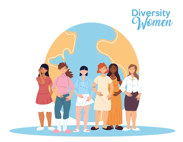 Dessins animés féminins de la diversité culturelle devant le design vectoriel mondial — Image vectorielle