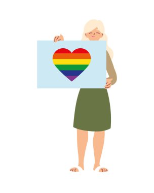 Pano vektör tasarımında lgbti kalbi olan kadın çizgi filmi