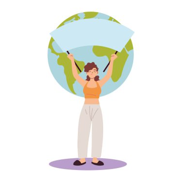 Dünya vektör tasarımının önünde pano tutan kadın çizgi filmi