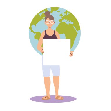 Dünya vektör tasarımının önünde pano tutan kadın çizgi filmi