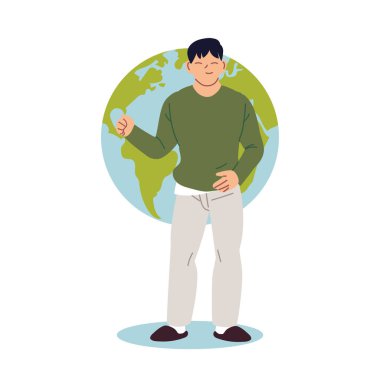Dünya vektör tasarımının önünde insan çizgi filmi