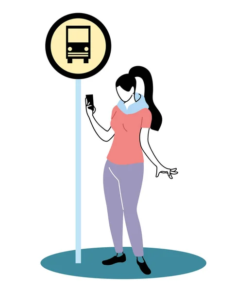 Giovane donna che rimane alla fermata dell'autobus con il cellulare — Vettoriale Stock