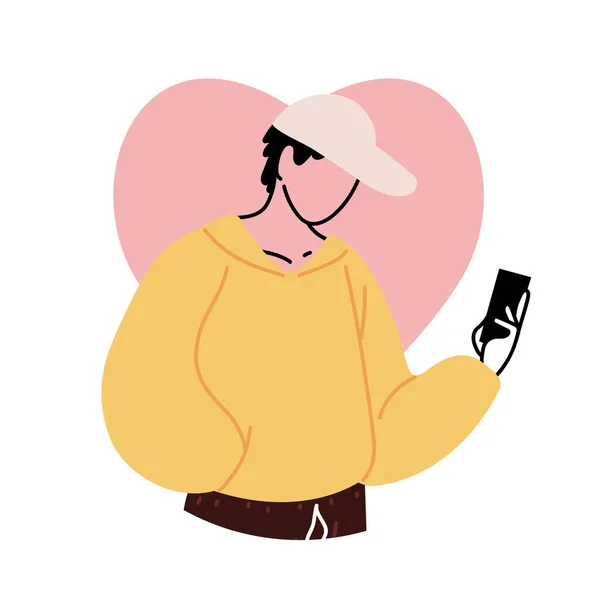 Young man in love with cell phone in hand — Stock Vector