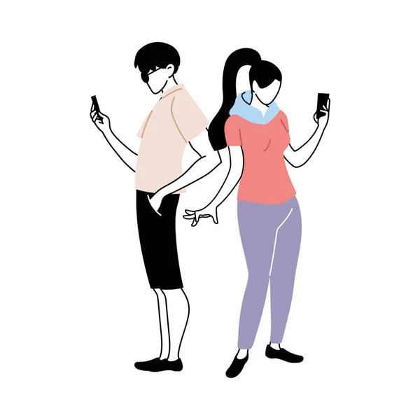 Νεαρό ζευγάρι ελέγχει το κινητό τηλέφωνο — Διανυσματικό Αρχείο