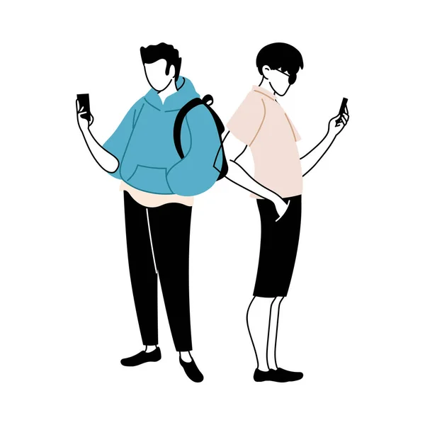 Unga män kollar mobilen — Stock vektor