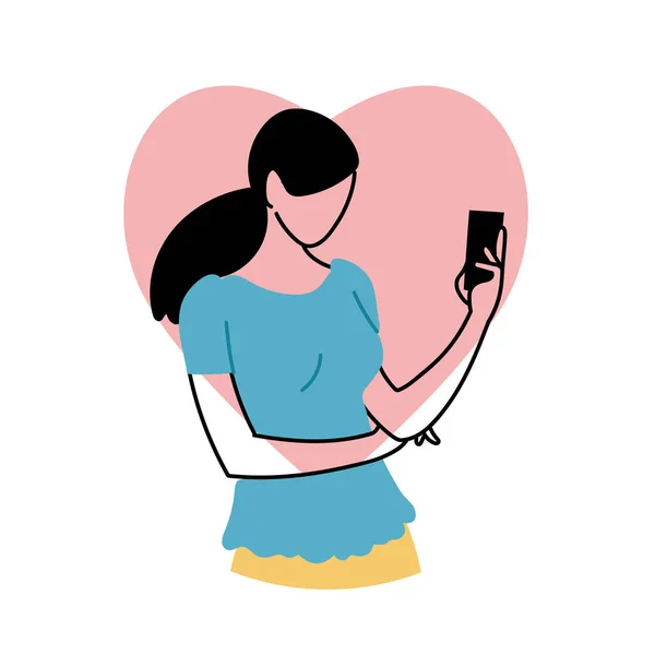 Young woman in love with cell phone in hand — Stock Vector
