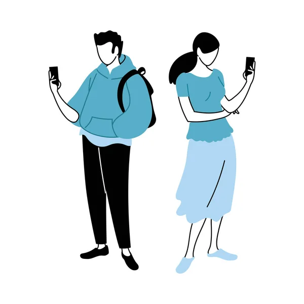 Jeune couple vérifiant le téléphone portable — Image vectorielle