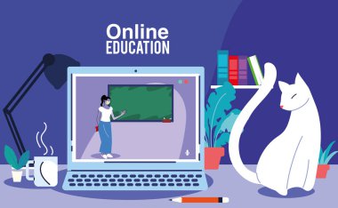 Öğretmen ekranda çevrimiçi ders veriyor