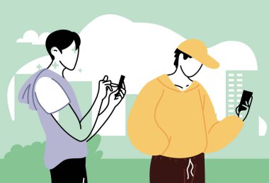 Genç adamlar cep telefonunu kontrol ediyor.