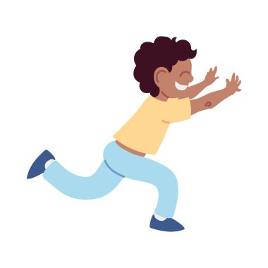 Gülen küçük çocuk çizgi film koşuyor.