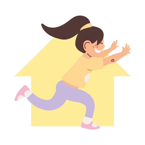 Μικρό κορίτσι χαμογελά τρέχει στο σπίτι κινουμένων σχεδίων — Διανυσματικό Αρχείο