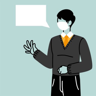 Yüz maskesi ve konuşma baloncuğu olan iş adamı