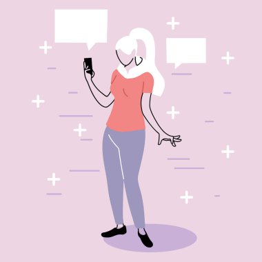 Akıllı telefon konuşmaları, sohbet baloncukları olan kadın.
