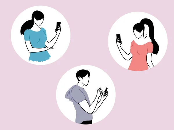 Conjunto de personas que utilizan teléfonos inteligentes, hombres y mujeres con dispositivos móviles — Vector de stock