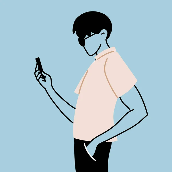 En ung man tar en selfie och håller sin smartphone i handen — Stock vektor