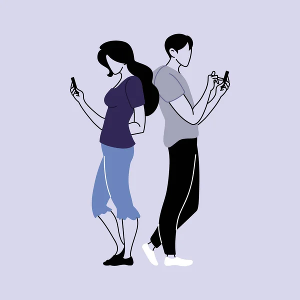 Casal de pessoas usando smartphones, homem e mulher com dispositivos móveis — Vetor de Stock